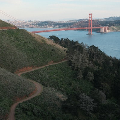 Winding path on a hillside overlooking the Golden Gate Bridge
