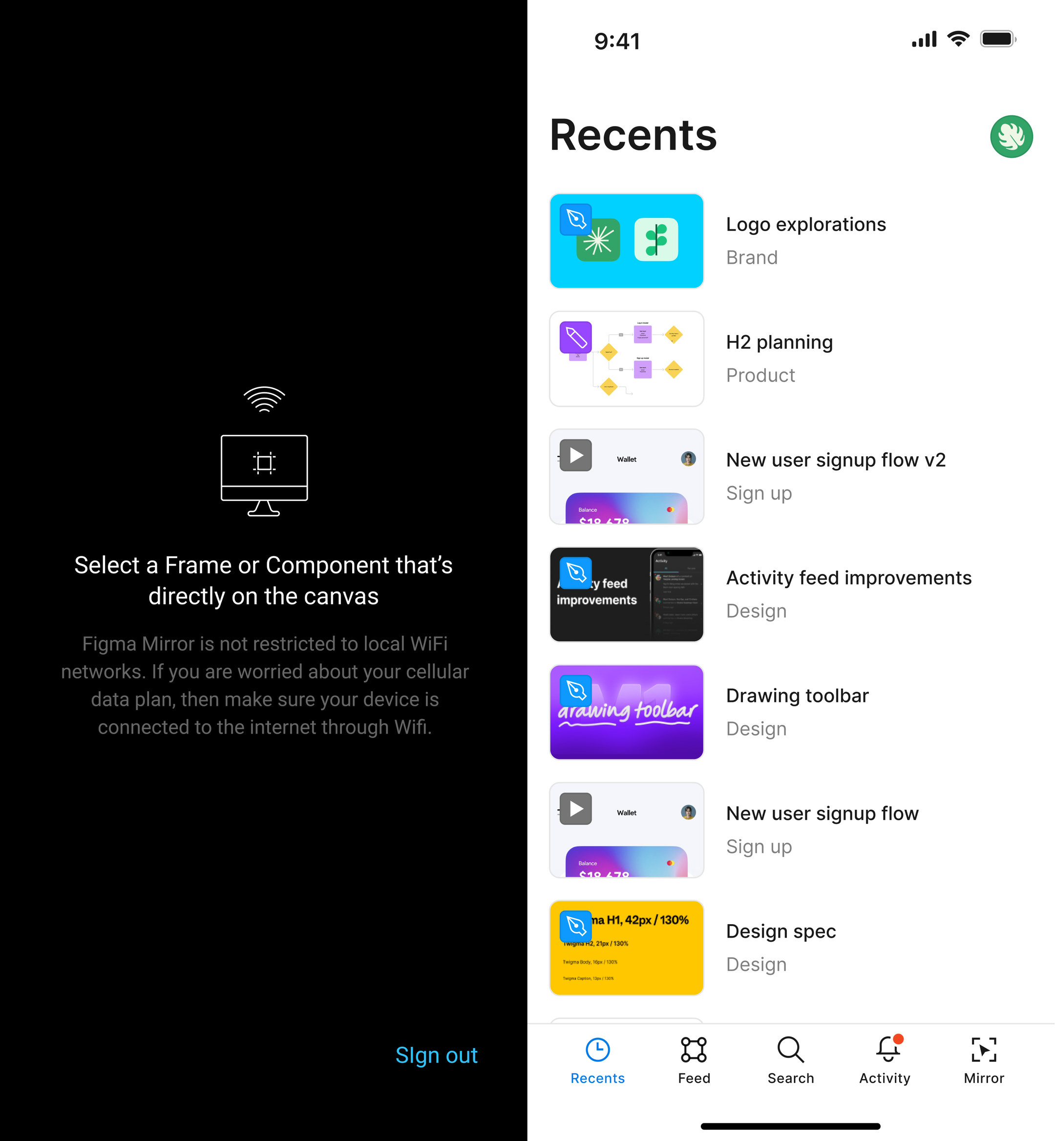 The Figma mobile app before, mirroring only, and after, the Recents screen