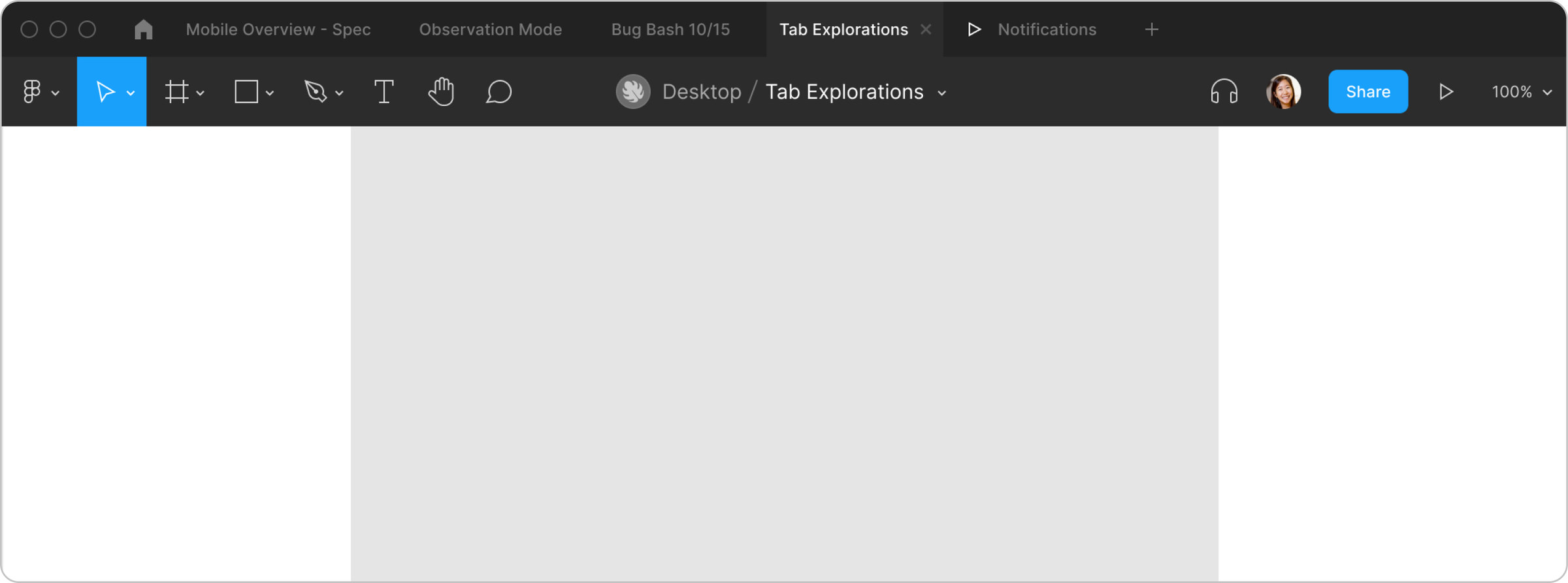 The Figma desktop app as a wrapper with a plain tab bar, and the new tab page that replaced it