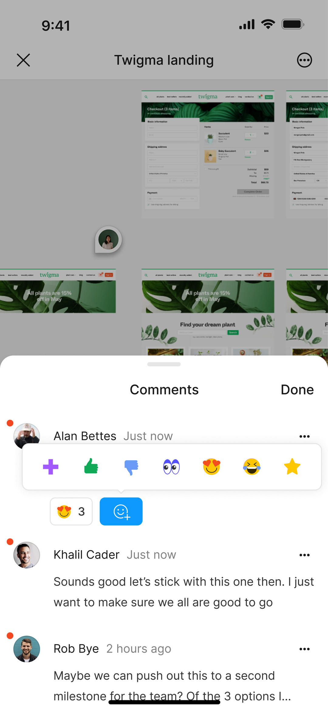 Comments on a file, with reactions and quick replies.